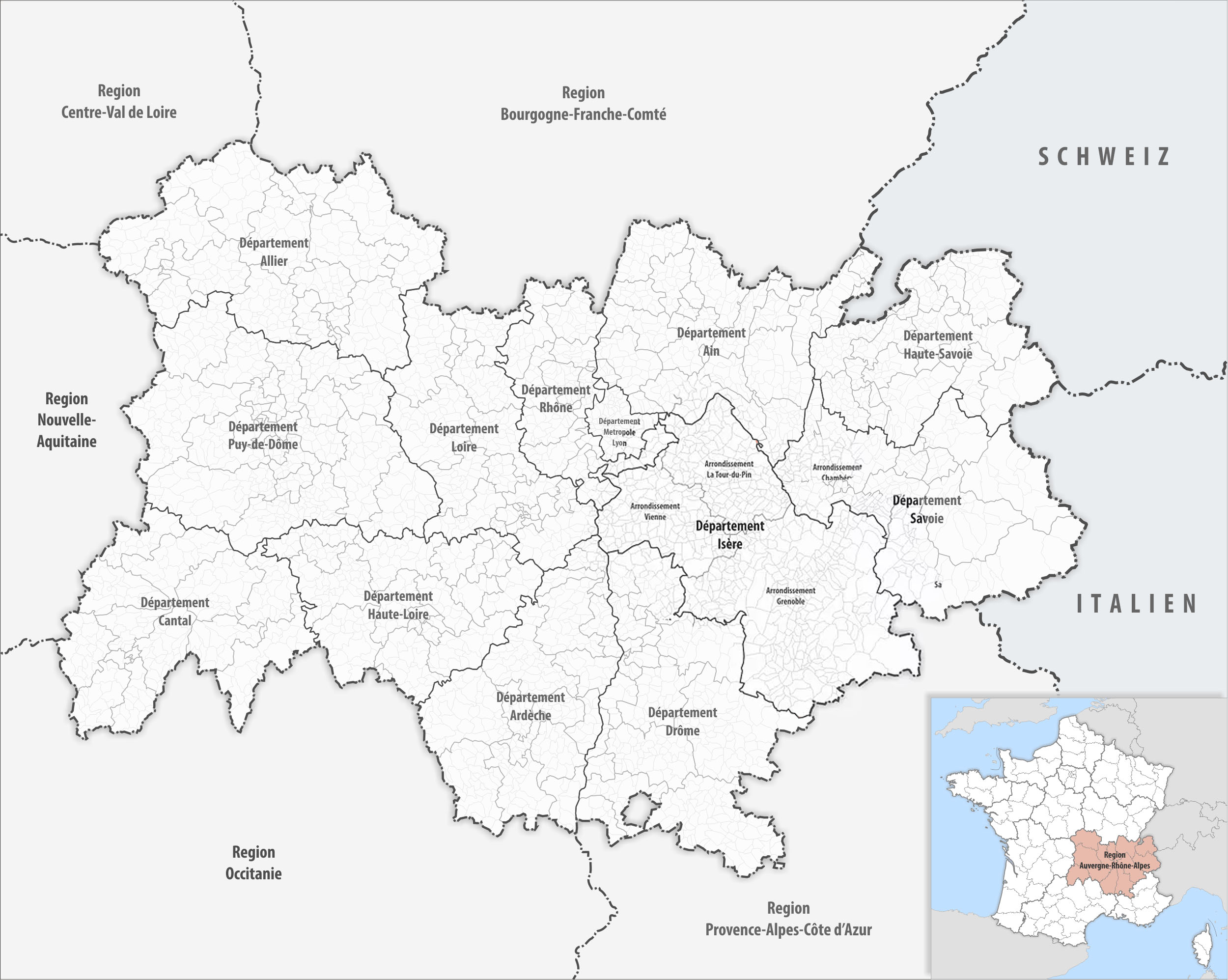 Департаменты региона Овернь-Рона-Альпы (Auvergne-Rhône-Alpes) на карте
