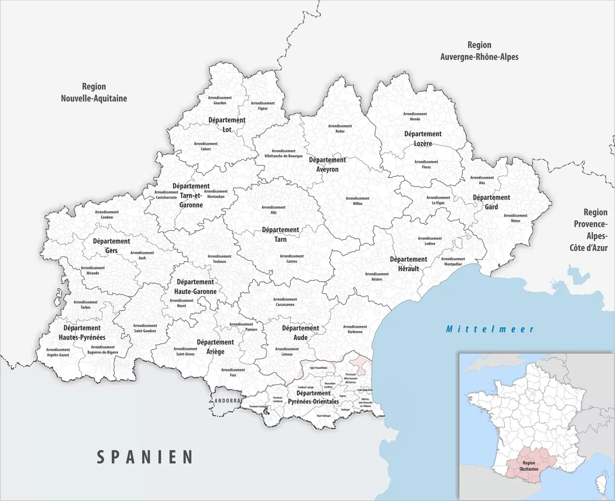 Департаменты Окситании (Occitanie) на карте