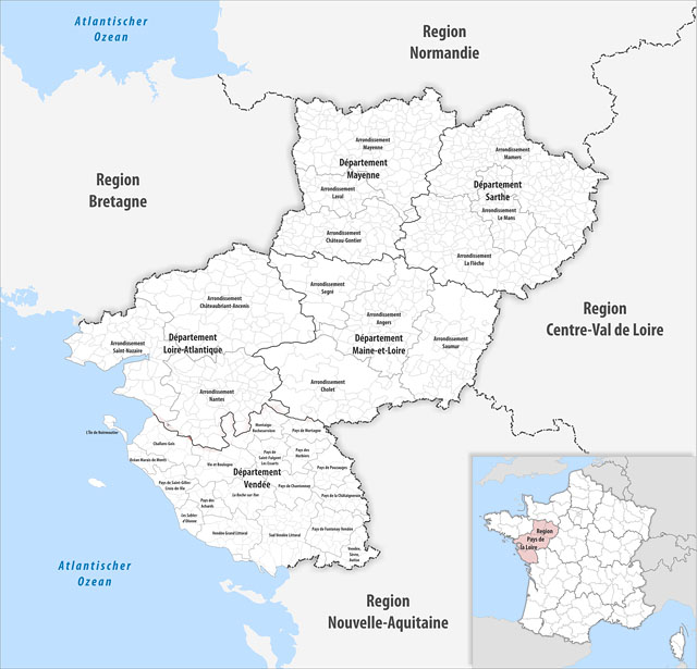 Департаменты региона Земли Луары (Pays de la Loire) на карте