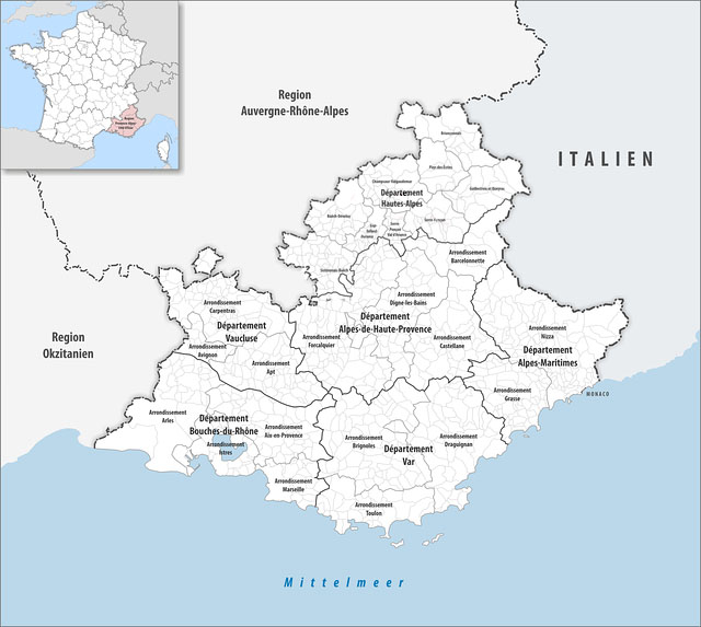 Департаменты региона Прованс-Альпы-Лазурный берег (Provence-Alpes-Côte d'Azur) на карте